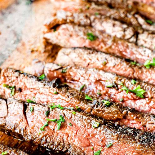 Sliced skirt steak.