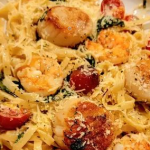 Pasta with seafood on a plate.