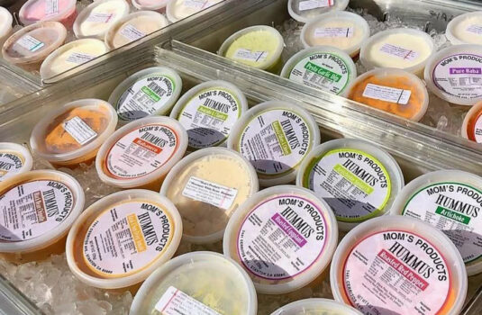 A tray full of dips and hummuses with ice.