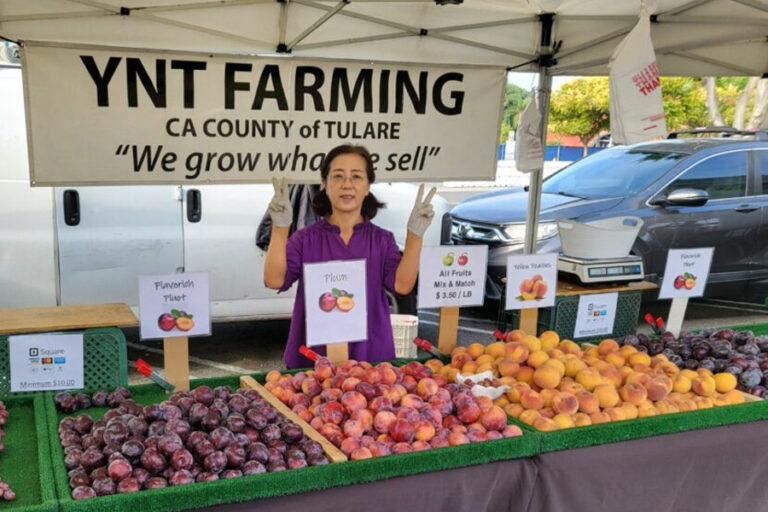 Woman standing behind a stand full of stone fruit. She has both hands raised in peace signs.